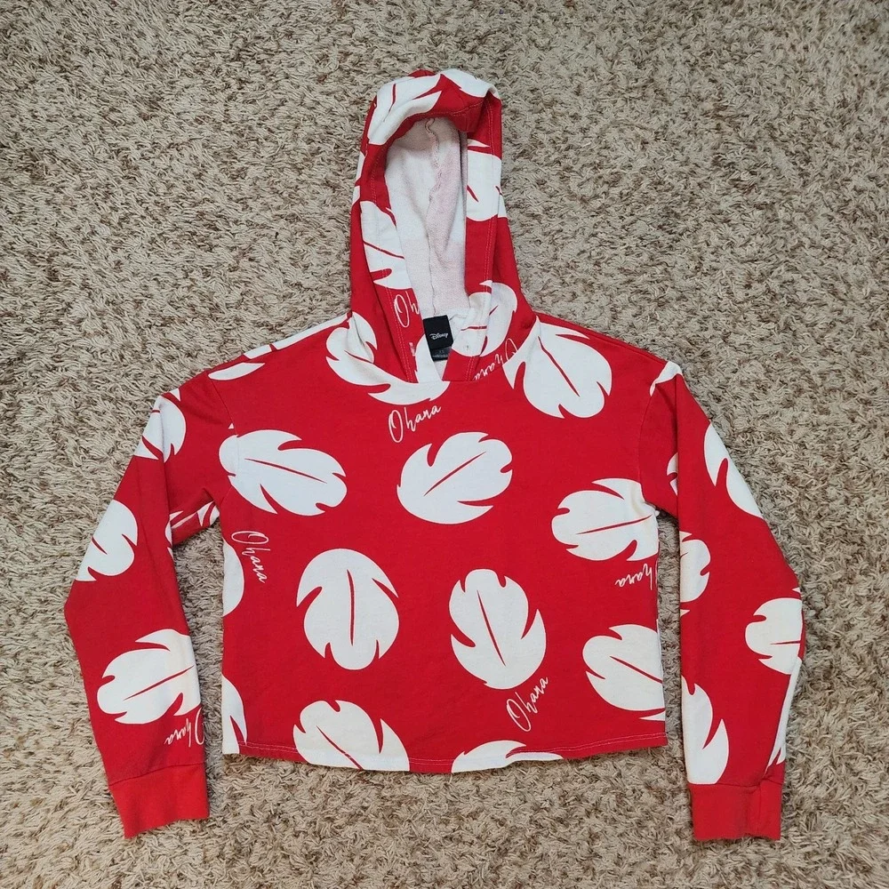 Disney Lilo Stitch Pullover Hoodie Sweater‎ Kids Sz XS Red White Leaf Pattern
